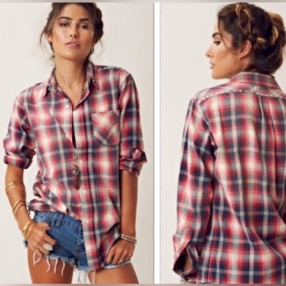 Current Elliott The Perfect School Shirt Red Revival Plaid With Studs